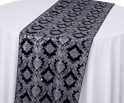 Black &amp; White Satin Damask Table Runner Rental
