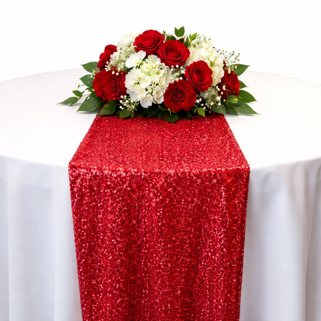 Red Taffeta Glitz Sequin Table Runner Rental