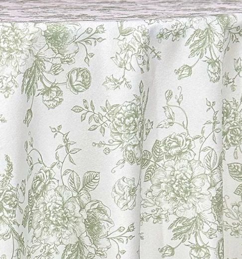 Sage French Toile Polyester Tablecloth Rentals