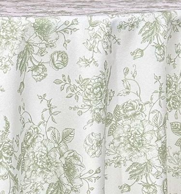 Sage French Toile Polyester Tablecloth Rentals
