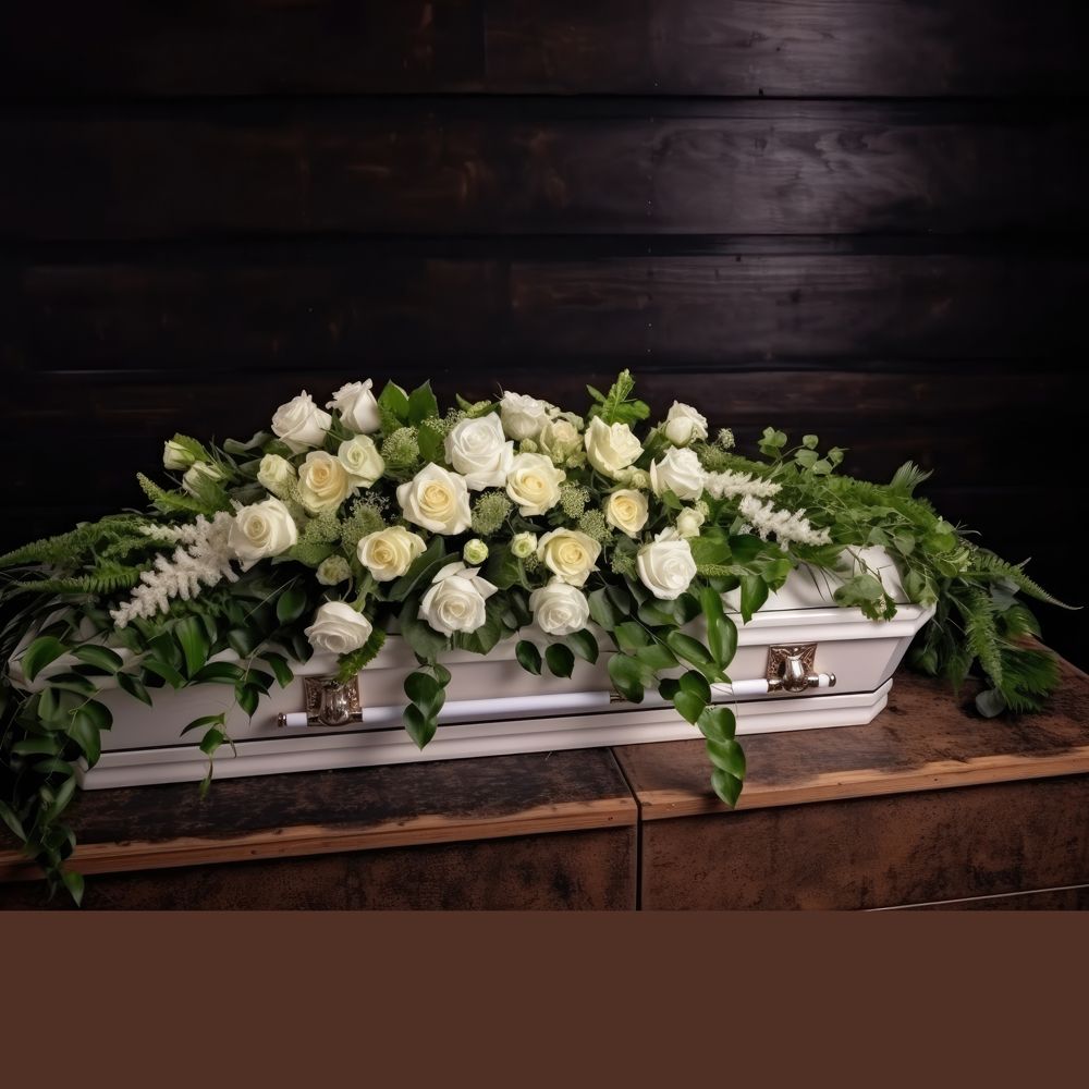 Composition florale pour dessus de cercueil avec fleurs blanches et feuillages