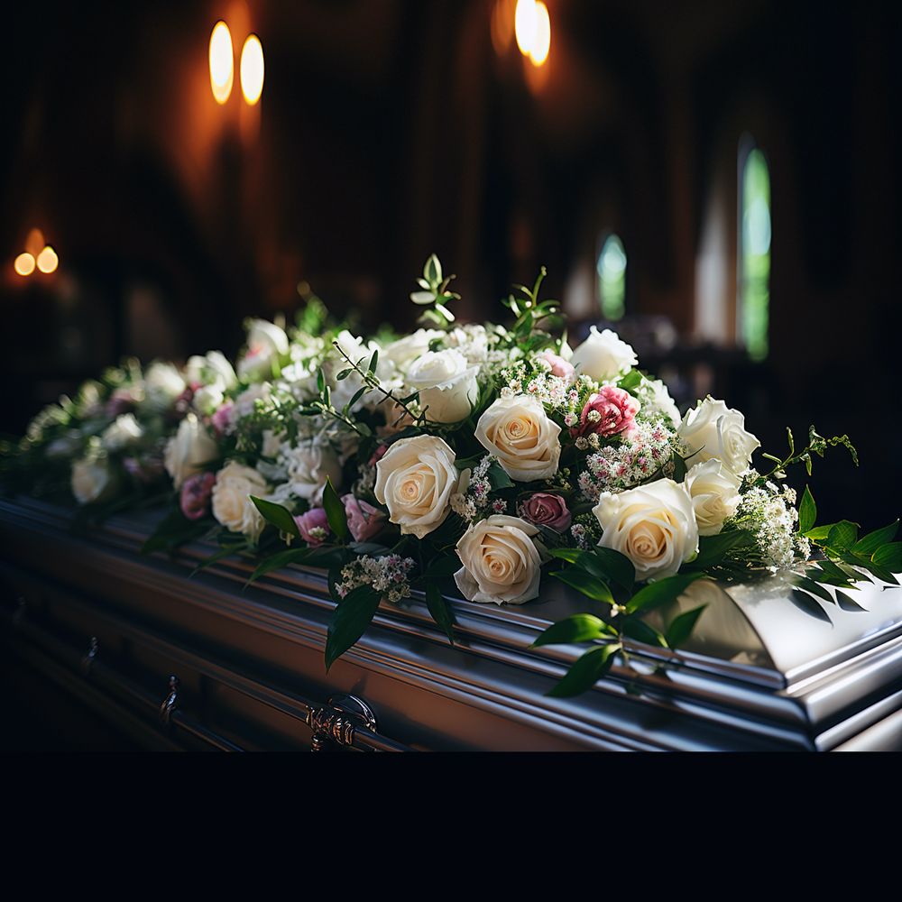 Fleurs blanches, crèmes et roses sur cercueil, arrangement floral pour cérémonie funéraire