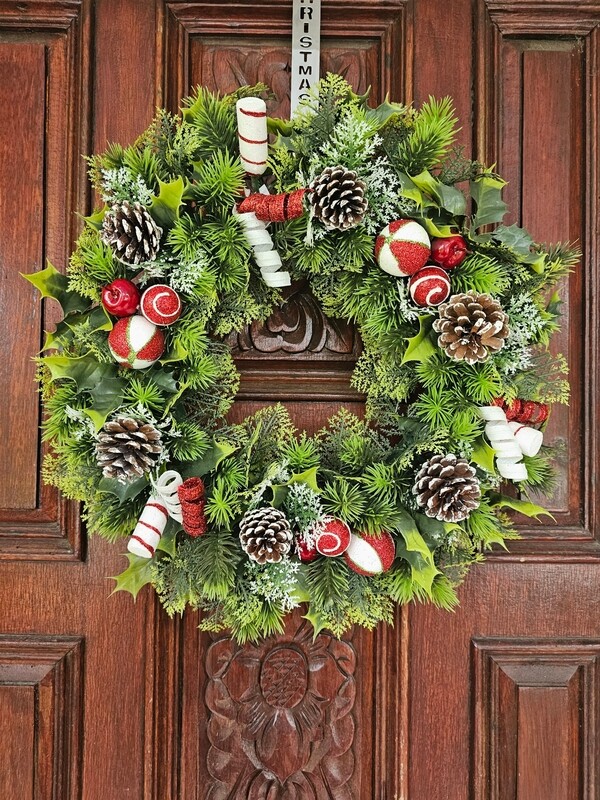 18" Plastic Candy Cane Holly Wreath