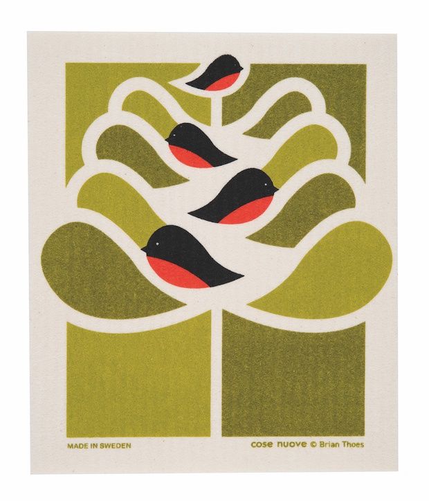 Swedish Dishcloth, Retro Birds in Trees