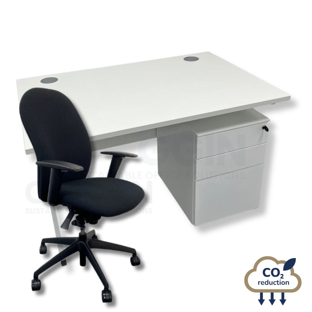 White Rectangular Desk + Mobile Storage + Black Verco Ergoform Chair