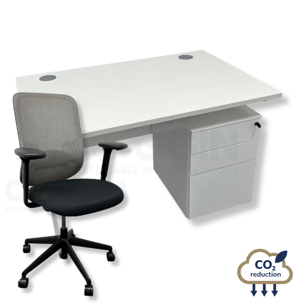 White Rectangular Desk + Mobile Storage + Black Orangebox Do Chair