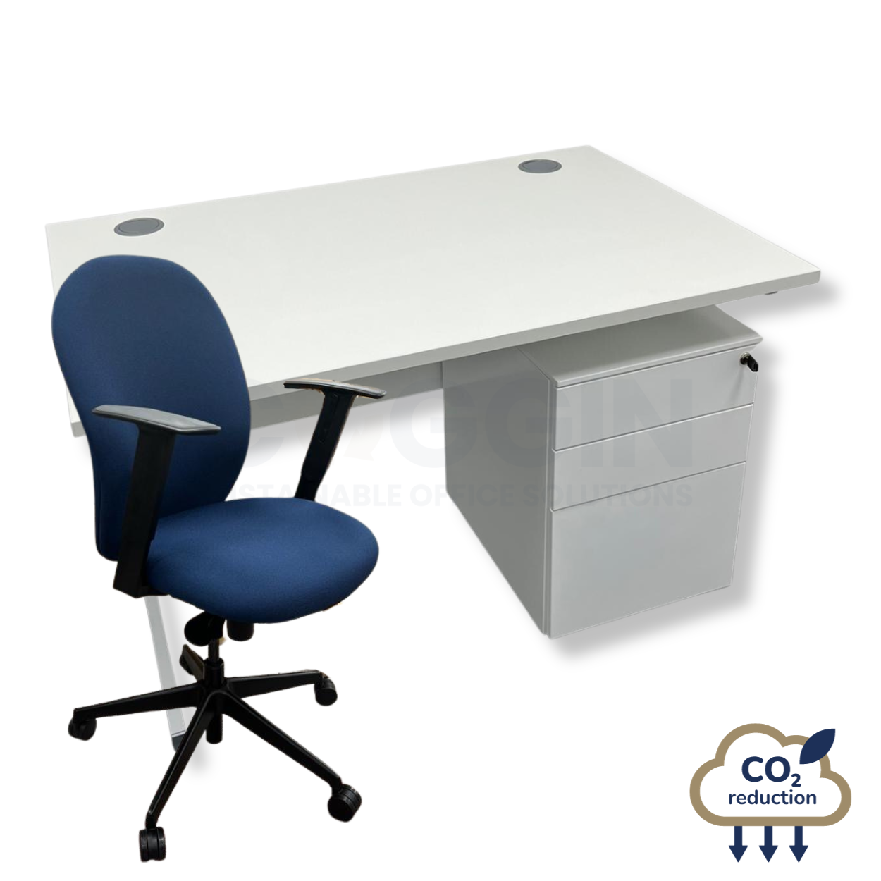 White Rectangular Desk + Mobile Storage + Blue Verco Ergoform Chair