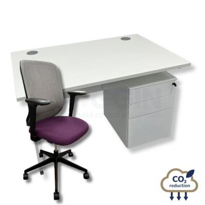 White Rectangular Desk + Mobile Storage + Purple Orangebox Do Chair