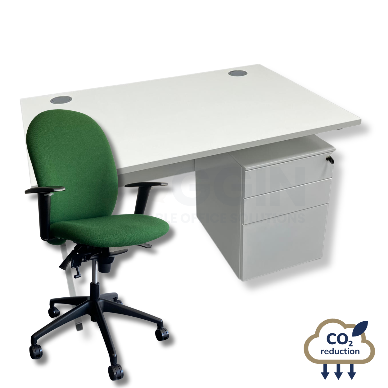 White Rectangular Desk + Mobile Storage + Green Verco Ergoform Chair