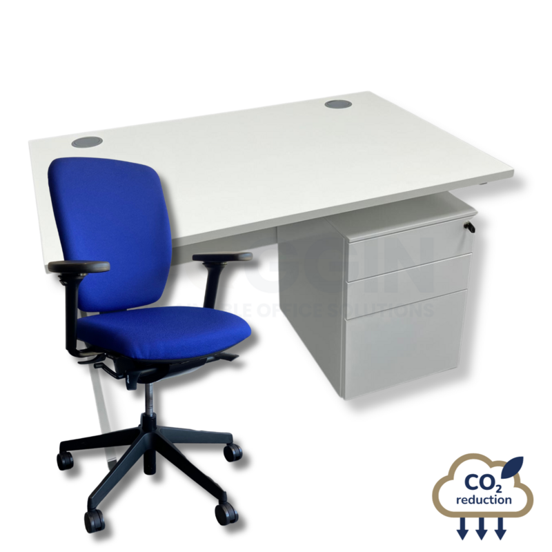 White Rectangular Desk + Mobile Storage + Blue Senator Dash Chair