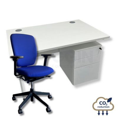 White Rectangular Desk + Mobile Storage + Blue Senator Dash Chair