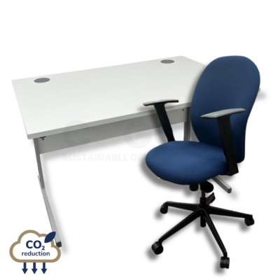 White Rectangular Desk + Blue Verco Ergoform Chair White Rectangular Desk + Blue Verco Ergoform Chair