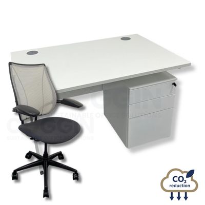 White Rectangular Desk + Mobile Storage + Humanscale Liberty Chair - White Mesh