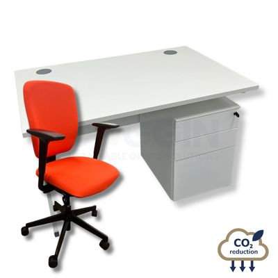 White Rectangular Desk + Mobile Storage + Orange Senator Dash Chair