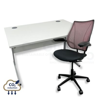 White Rectangular Desk + Humanscale Liberty Chair - Red Mesh