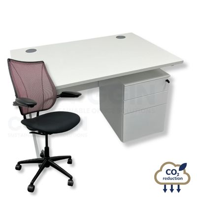 White Rectangular Desk + Mobile Storage + Humanscale Liberty Chair - Red Mesh