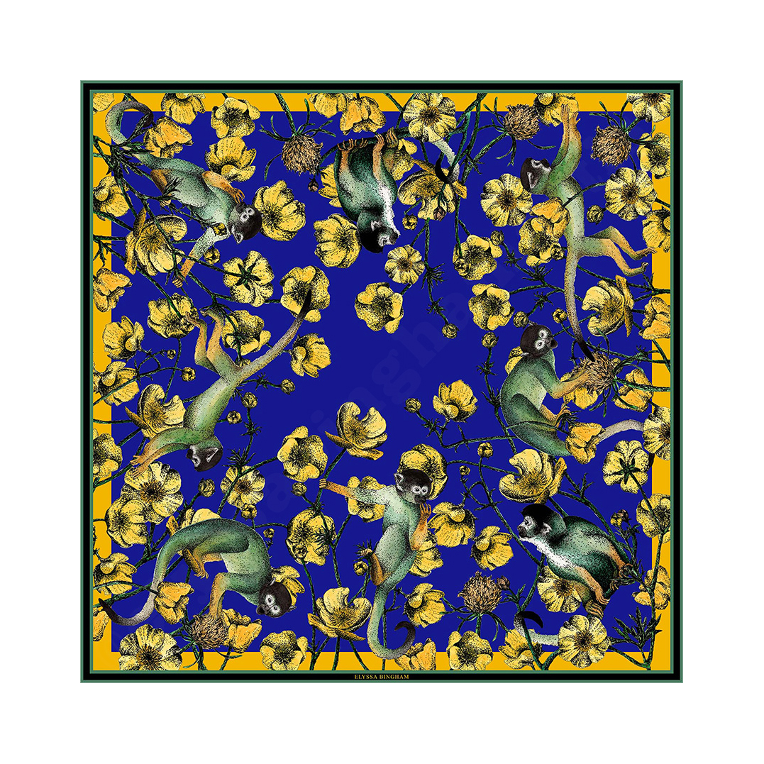 Monkeys & Buttercups Silk Scarf ...blue