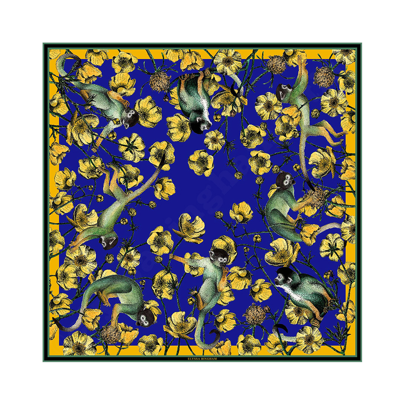Monkeys & Buttercups Silk Scarf ...blue