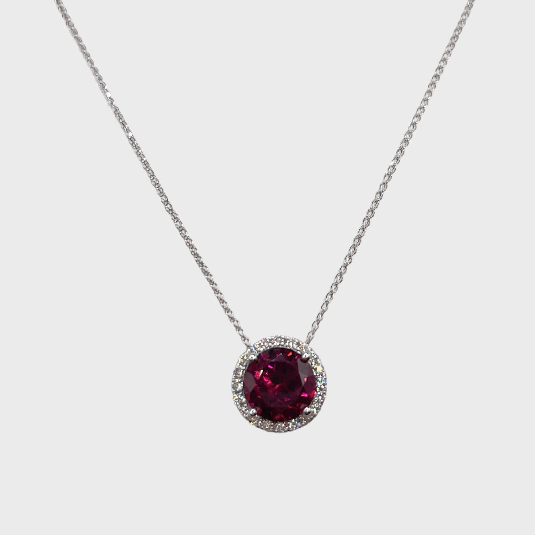 Rhodolite Garnet with Natural Diamond Halo Necklace