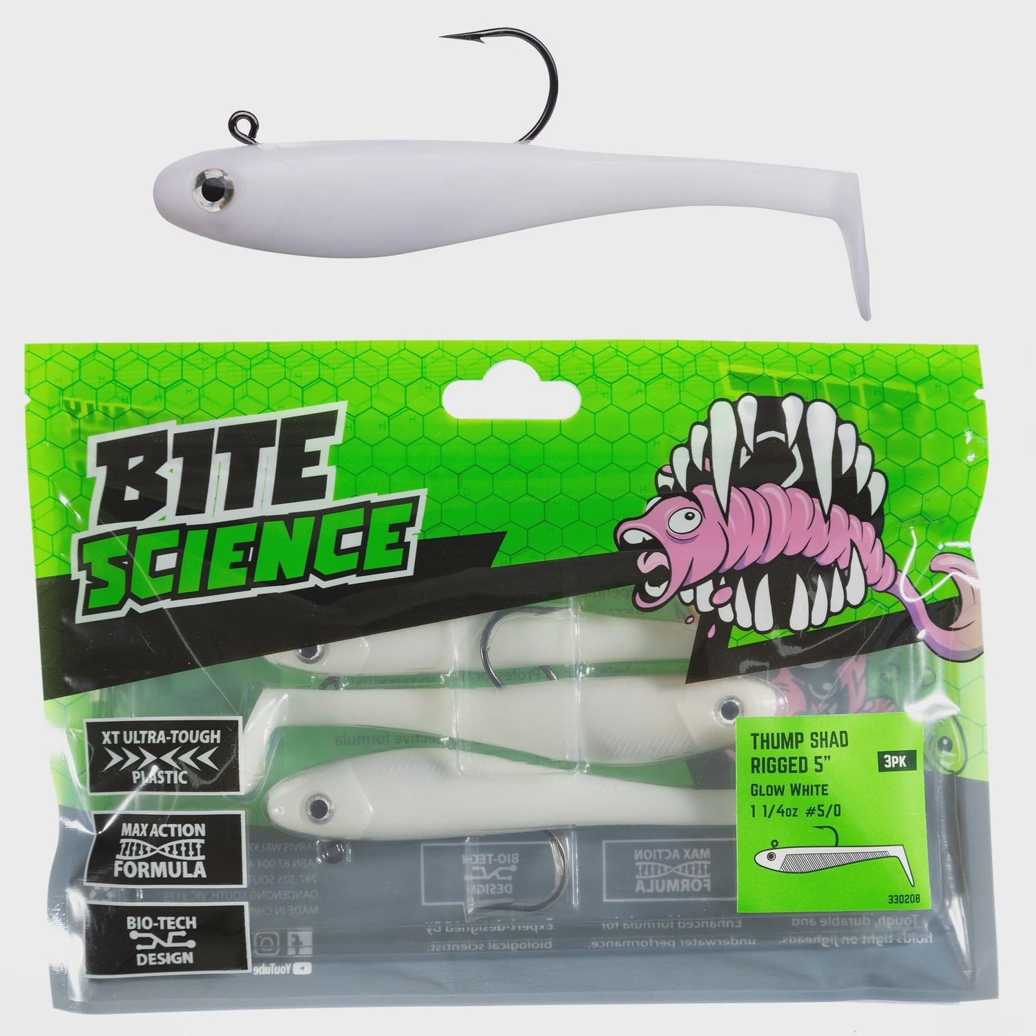 BITE SCIENCE THUMP SHAD RIGGED 5&#39;&#39;, Colour: GLOW WHITE
