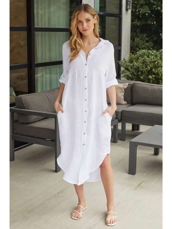 MM WHITE MIDI LINEN DRESS