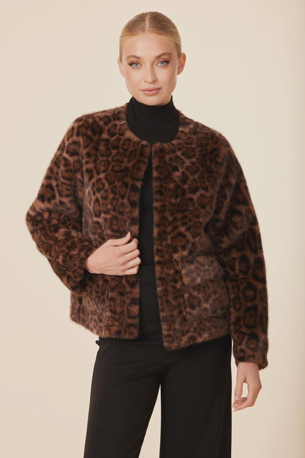 DC Faux Fur Leopard Collarless Jacket
