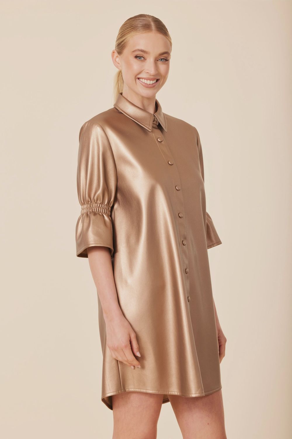 DC VEGAN LEATHER BRONZE RUFFLE SLEEVE DRESS