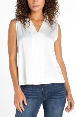 Liverpool slvlss v-neck woven-to-knit top -CREAM
