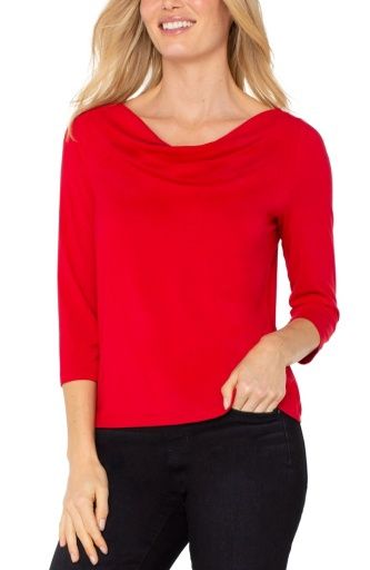 3/4 slv draped neck knit top, Color: tango red, Size: M