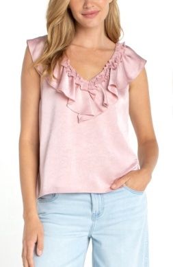 RUFFLE FRONT SLEEVELESS  KNIT TOP