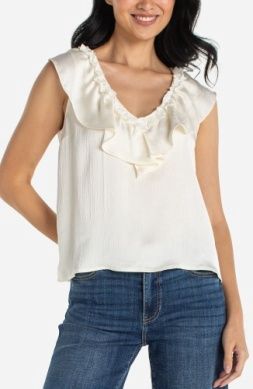 RUFFLE FRONT SLEEVELESS KNIT TOP