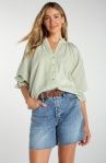 Woven Embriodery Trim Cotton Blouse - Matcha