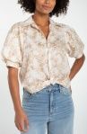 Puff sleeve button front woven top w/ twist detail