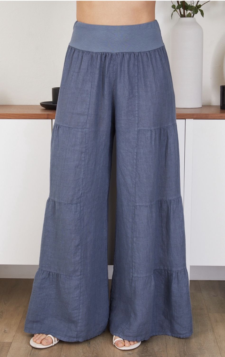 Slate Blue Linen Tiered Palazzo Pant