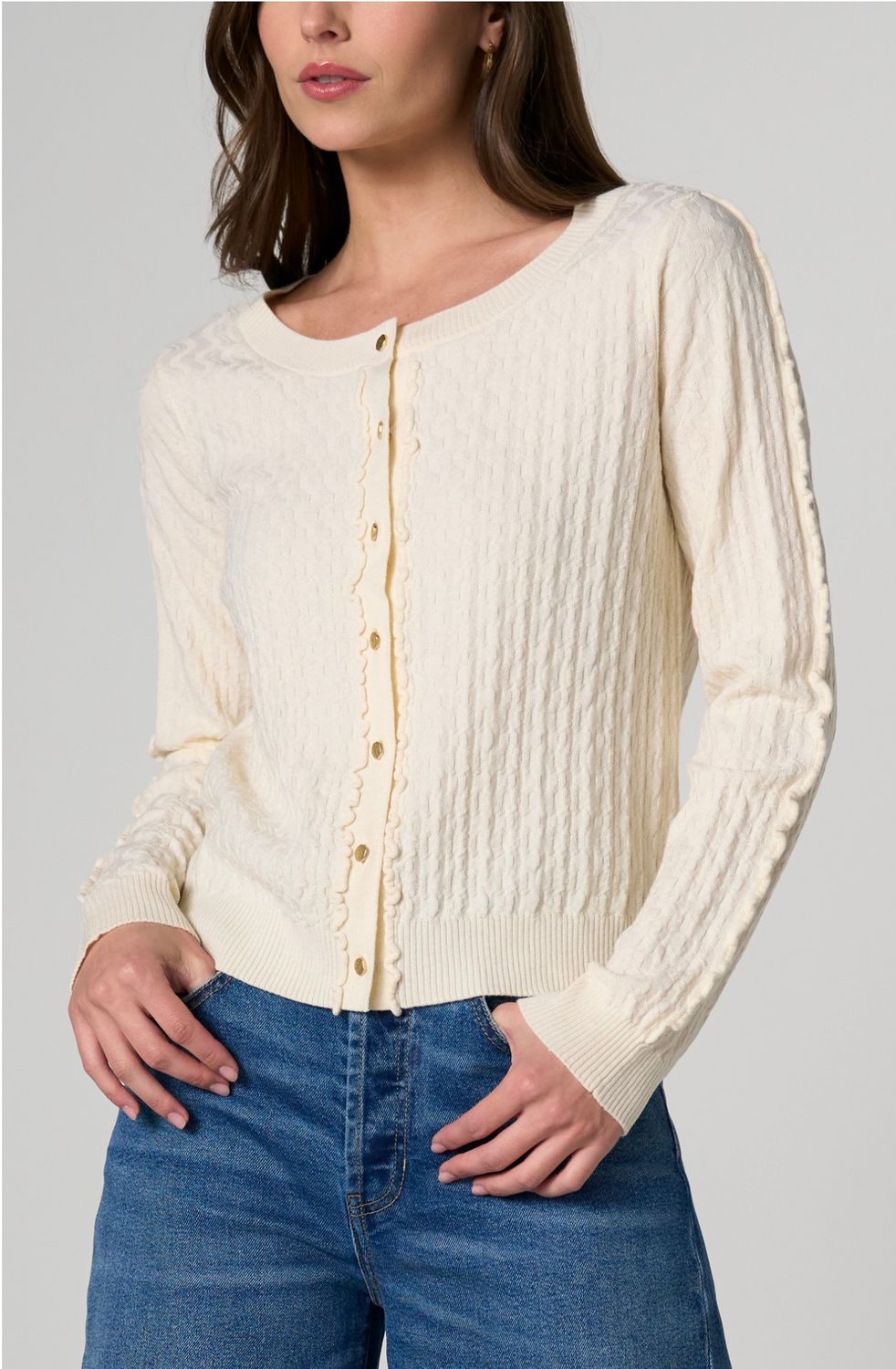 Liverpool cardigan  cream ruffle front sweater