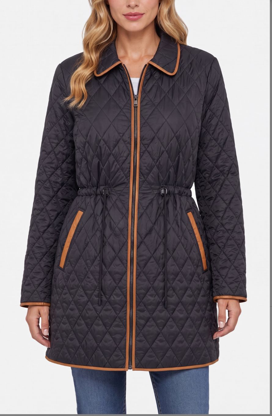 Liverpool zip front quilted coat w/ cinched waist