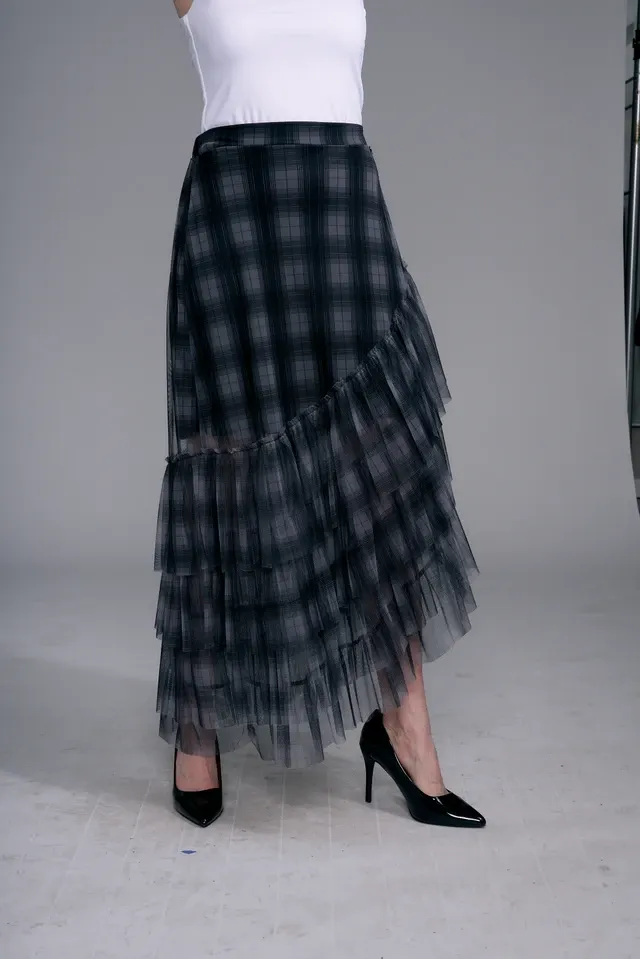 INSIGHT NOVELTY PLAID TULE MIDI SKIRT