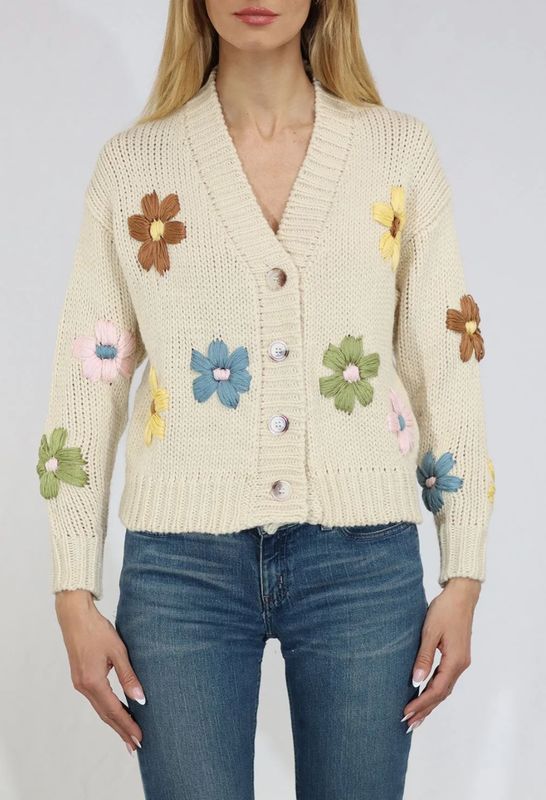METRIC KNIT V NECK CARDIGAN W/ EMBRIODERED FLOWERS