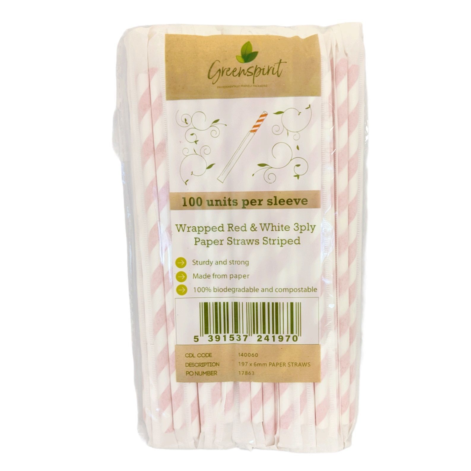 6x197mm, 3ply, Wrapped GS Paper Straws Red Stripes (48x100)