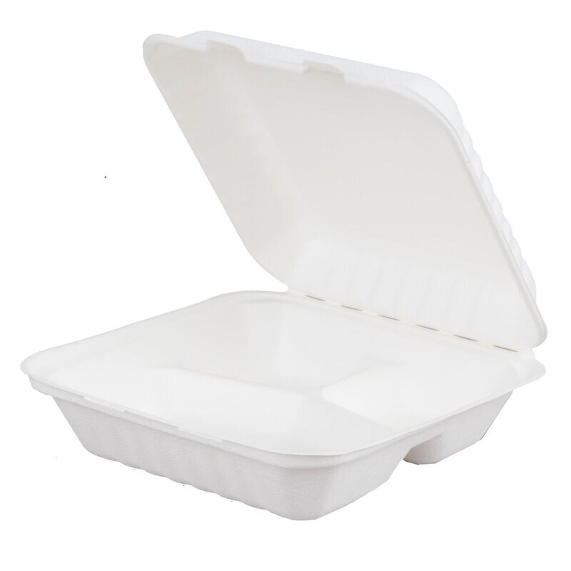 8"x8" Bagasse 3 Compartment Meal Box - HP4(5x50s)