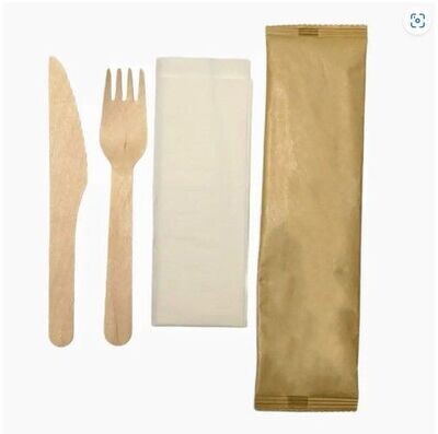 3 in 1 Wooden Cutlery Set - Fork, Knife and Napkin (20x50's)