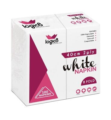 Logic8 40cm 2ply *8fold* White Dinner napkins (20x100's)
