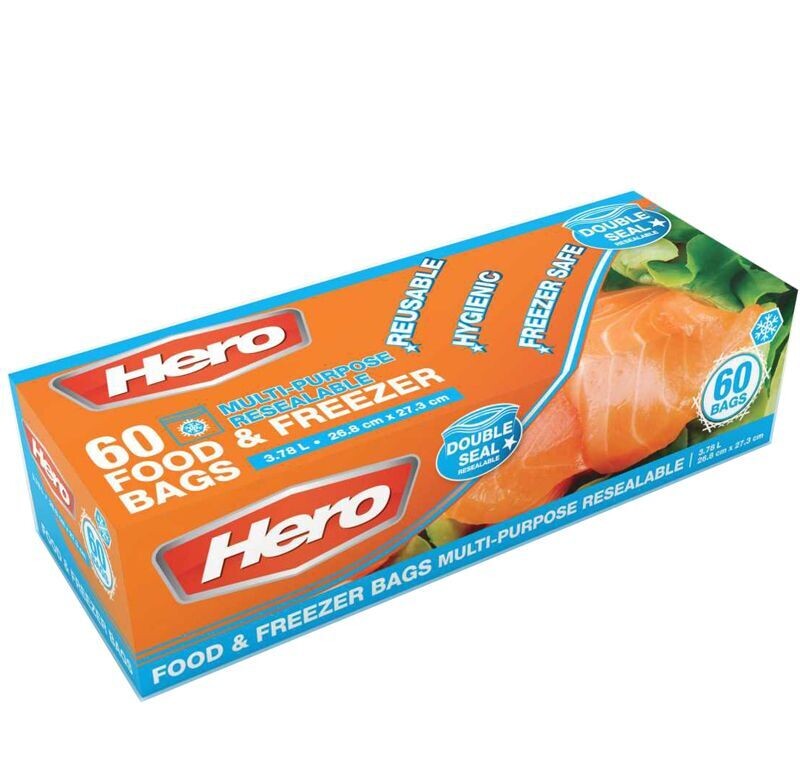 3.8L Hero Double Seal Food & Freezer Bags  (6x60PC)