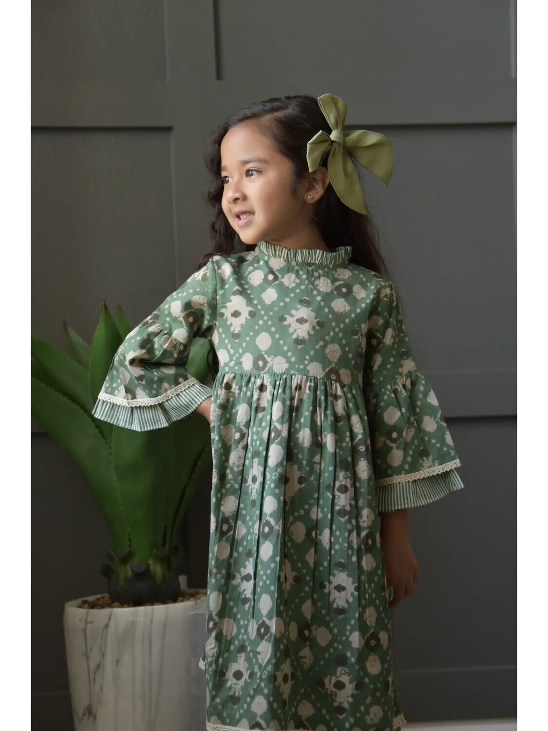 Printed Bell-Sleeves Ruffle Dress