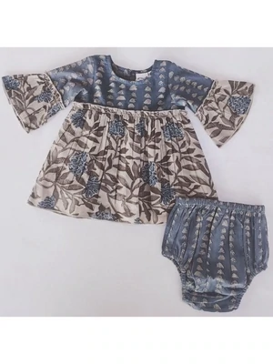 Floral Print Bell-Sleeves Dress & Diaper Cover Set