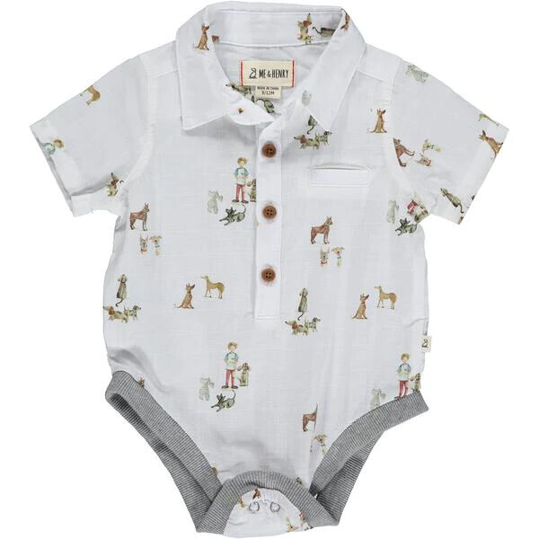 White all over print Henry woven onesie