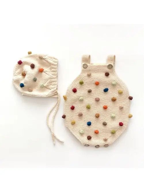  Popcorn Romper and Bonnet Set, Natural