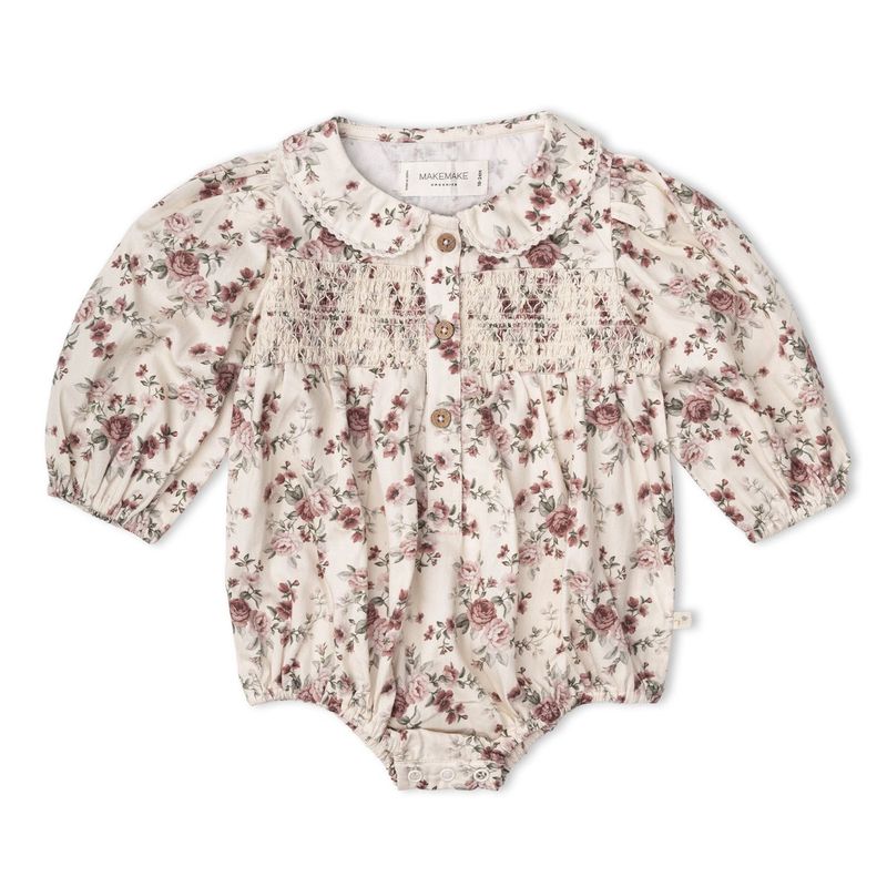 Organic Smocked Long Sleeve  Romper - Wildrose