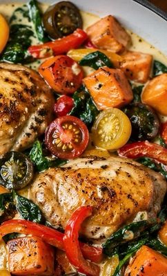 Creamy Chicken &amp; Sweet Potato Skillet Juicy chicken thighs seared, served with roasted sweet potatoes, tricolor peppers, fresh spinach, and cherry tomatoes… all finished in a rich, creamy sauce $14.99