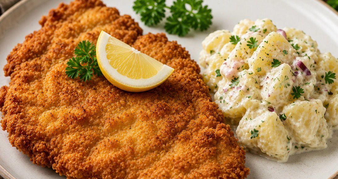 Traditional Viennese Schnitzel Served with Homemade Creamy Potato Salad